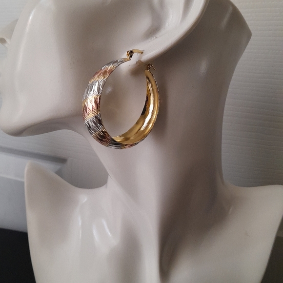 Tricolor Gold Filled Hoop Earrings Argyle Design - Picture 6 of 7